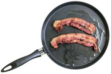 Fried Belly Bacon Rashers in Teflon Frying Pan, Isolated on White Background.