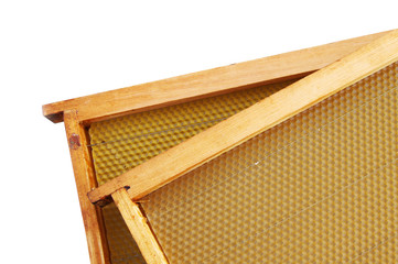 Empty framework with waxed for construction by bees of honeycombs on a white background. Beekeeping