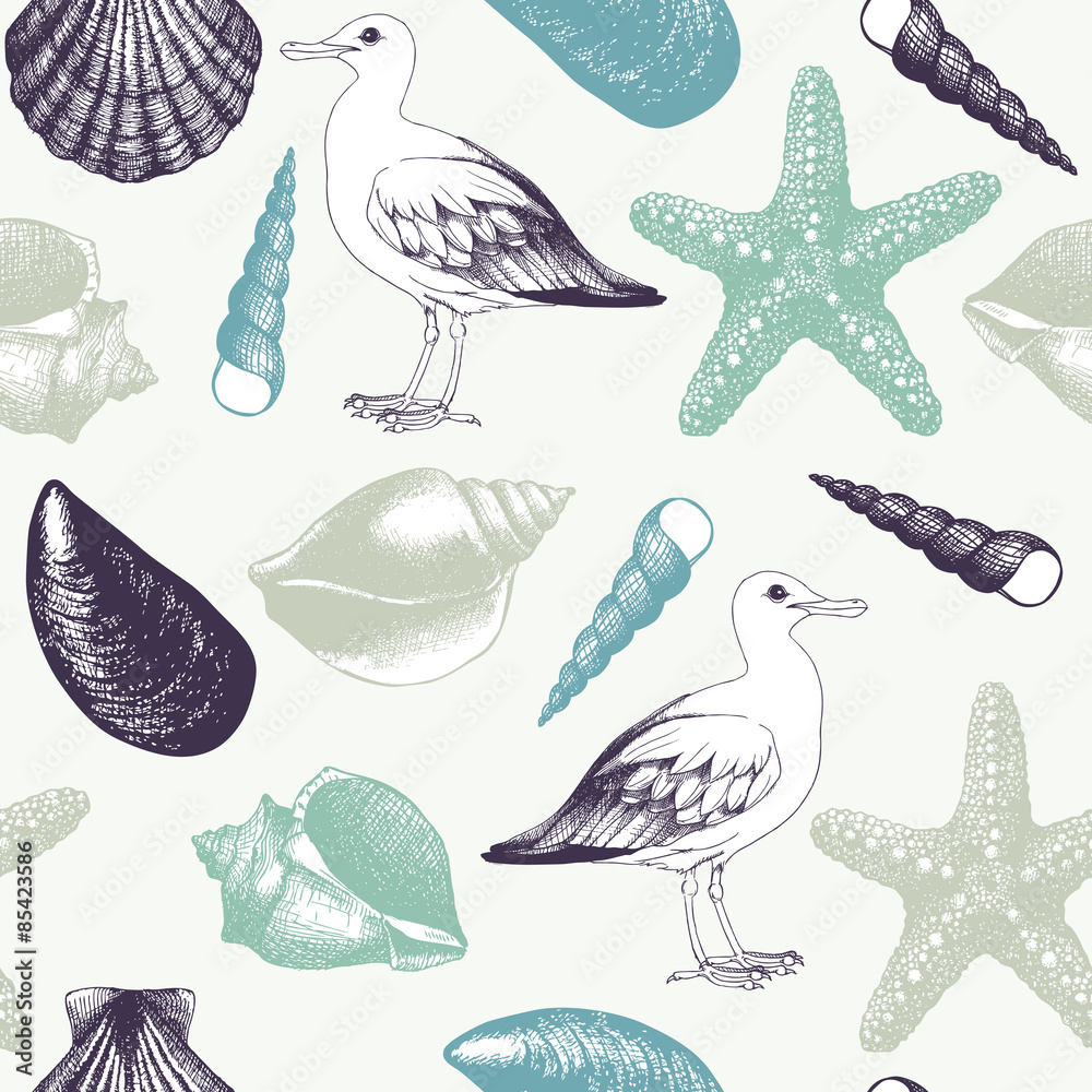 Wall mural Vector vintage background with  sea life elements. Seamless sea gull pattern