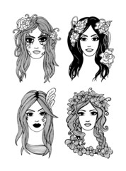 Hand drawn ink style vector girls set
