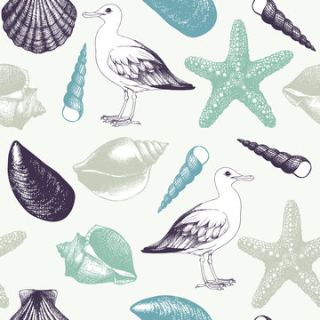 Vector vintage background with  sea life elements. Seamless sea gull pattern