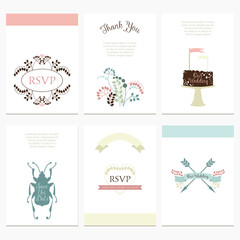 Wedding graphic set in retro style and pastel colors. Wedding card design collection