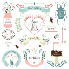 Wedding graphics set in retro style and pastel colors. Vintage wedding floral elements
