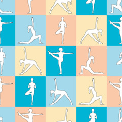 Seamless pattern. Yoga poses as seamless background. Background with women in blue, orange, yellow colors.  Multi colors seamless background with girls in yoga poses. Yoga background.
