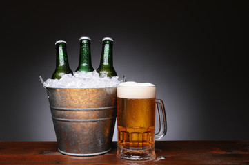 Bucket of Beer With Mug on Wood