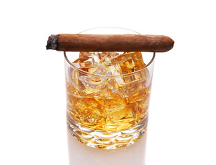 Cigar On Whiskey Glass with Ice