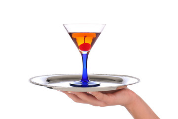 Woman holding Cocktail on Tray