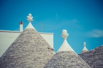 Fototapeta na wymiar Close up of a conical roofs of a Trulli houses in the southern Italian town of Alberobello, Apulia, Italy