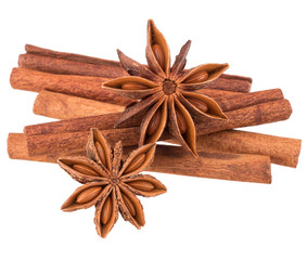 cinnamon stick and star anise spice isolated on white background