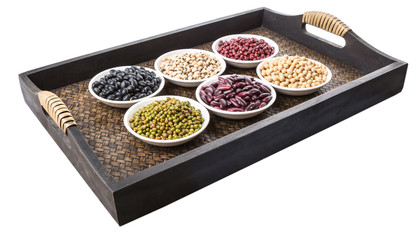 Beans variety in white bowl on in wicker tray
