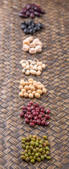 Fototapeta na wymiar Beans variety on wicker tray
