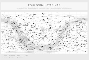 High detailed star map with names of stars, contellations and Messier objects, black and white vector