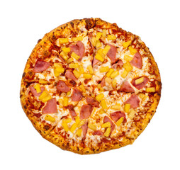 Hawaiian Ham and Pineapple Pizza isolated on white background