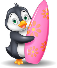 Cartoon Penguin holding surfing board