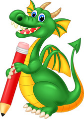 Fototapeta premium Cartoon cute dragon holding red pencil