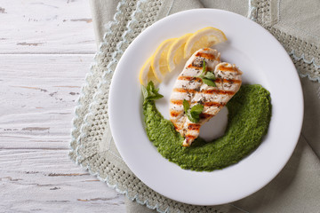 chicken and a side dish of green peas  horizontal top view
