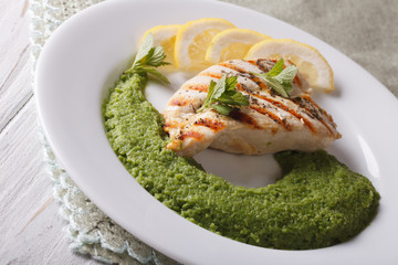 Grilled chicken and mint pea puree close-up on a plate. Horizontal
