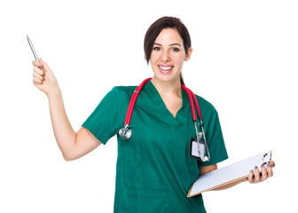 Female doctor hold with report and pen point up