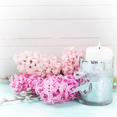Background with fresh flowers hyacinths and candle