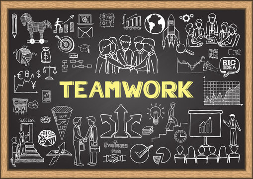 Business doodles on chalkboard with the concept of teamwork.