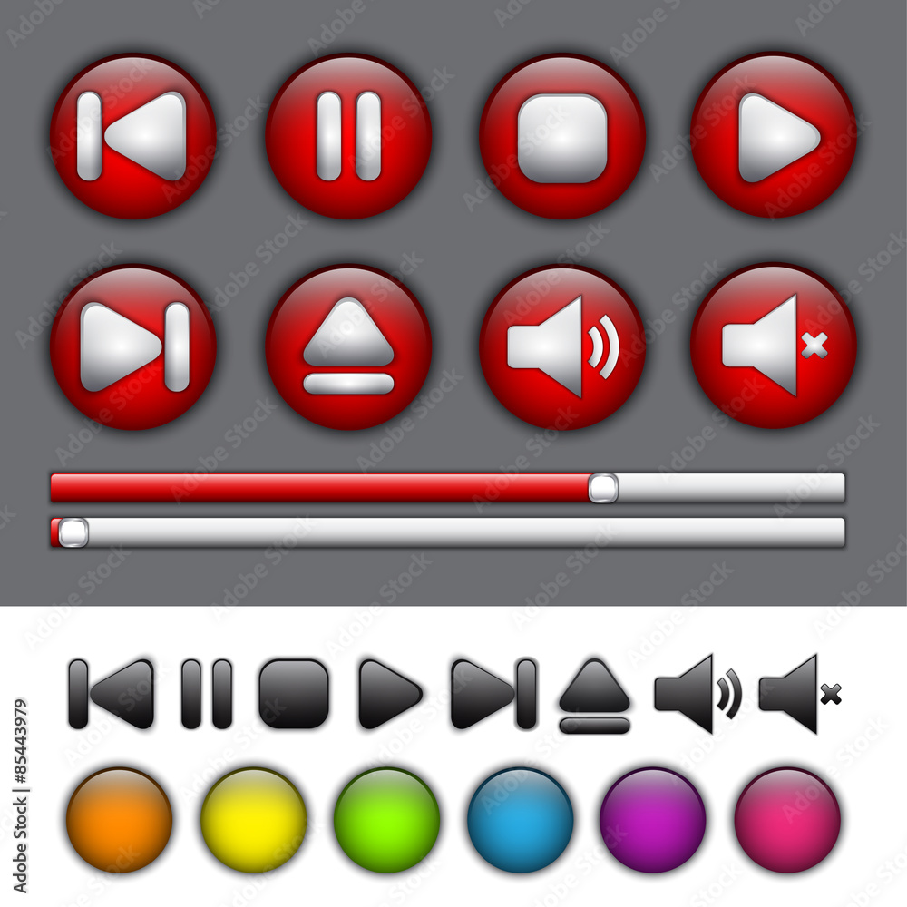 Wall mural round application buttons with media player symbols