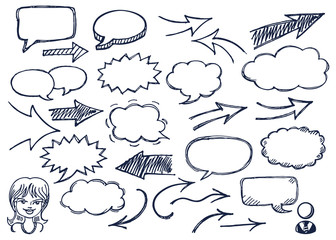 Hand drawn arrows and speech bubbles illustration set