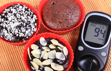 Glucometer and chocolate muffins in red cups