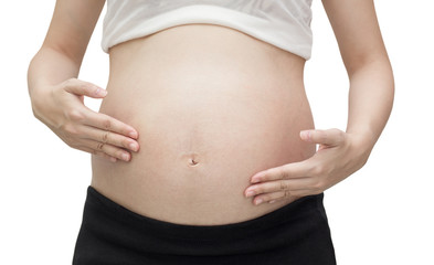 The itch,pain of pregnant belly, Isolated against white background