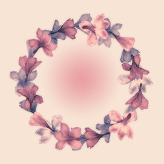 Floral Round Frame with pink and blue flowers and pink background.