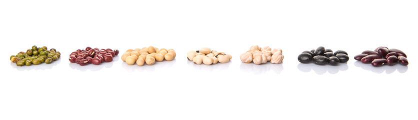 Variety of beans over white background