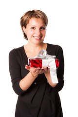 Happy smiling woman with red gift box 