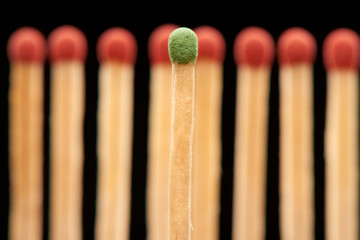 Green match standing in front of eight red wooden matches