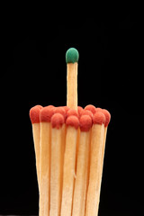 Group of red wooden matches with green match