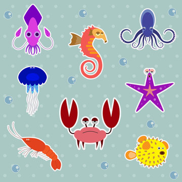 Vector Funny Sea Creatures Animal Stickers Set.