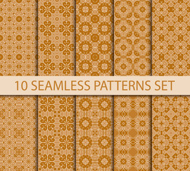 Set of geometric seamless patterns. Ten vintage unrepeatable ornaments with Swatch for filling.