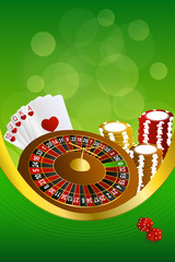 Green casino roulette cards chips craps frame vertical gold ribbon 