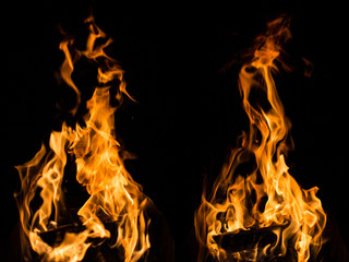 Real fire flames samples isolated on black