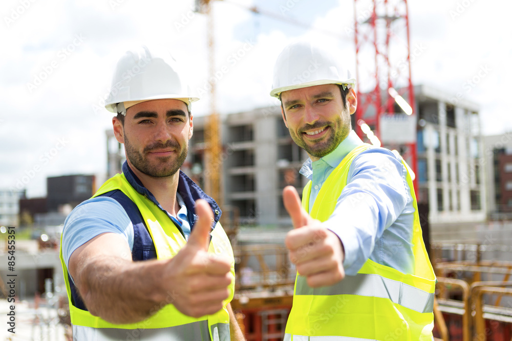 Wall mural portrait of an attractive worker and an architect on a construct