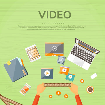 Video Editor Workplace Hands Laptop Player Flat 