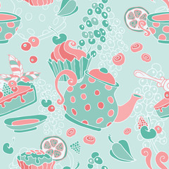 Ornament seamless pattern with tea party objects