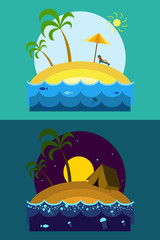 Tropical Island Vacation Postcard with Beach at Night and Day