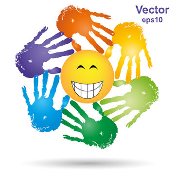 Vector conceptual children painted hand print and sun symbol