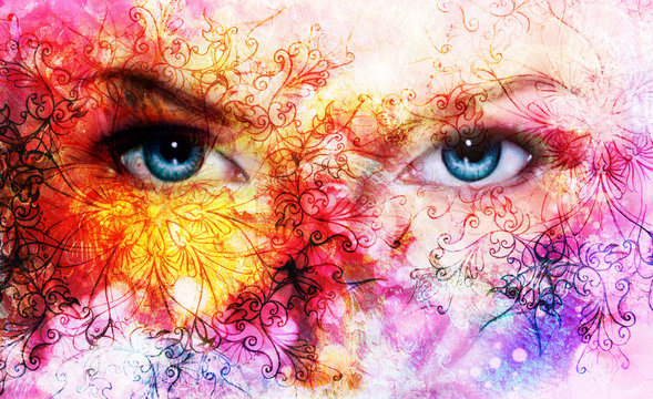  beautiful blue women eyes, color effect, painting collage, viol