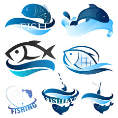 Obraz premium Set of images of fish and fishing