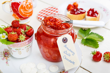 Strawberry jam with white chocolate, home made in jar