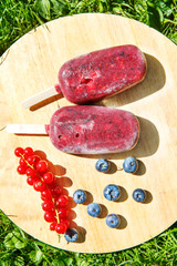 Homemade ice cream pops with different berries