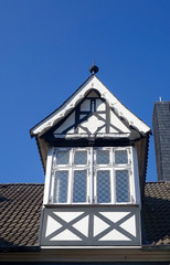 dark door of a half-timbered house