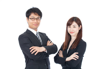 ビジネスマン　ビジネスウーマン　男性　女性　笑顔　仲間　腕組み