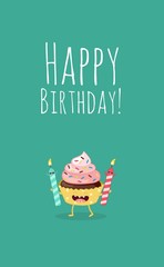 Greeting card Happy Birthday. Cupcakes with a candles. Comic characters. Vector cartoon. - 85463943