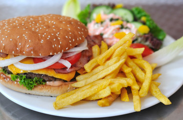 Cheeseburger mit Pommes Frites und Salat